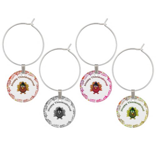 Happy Thanksgiving Turkey surrounded Fall Leaves   Wine Charm