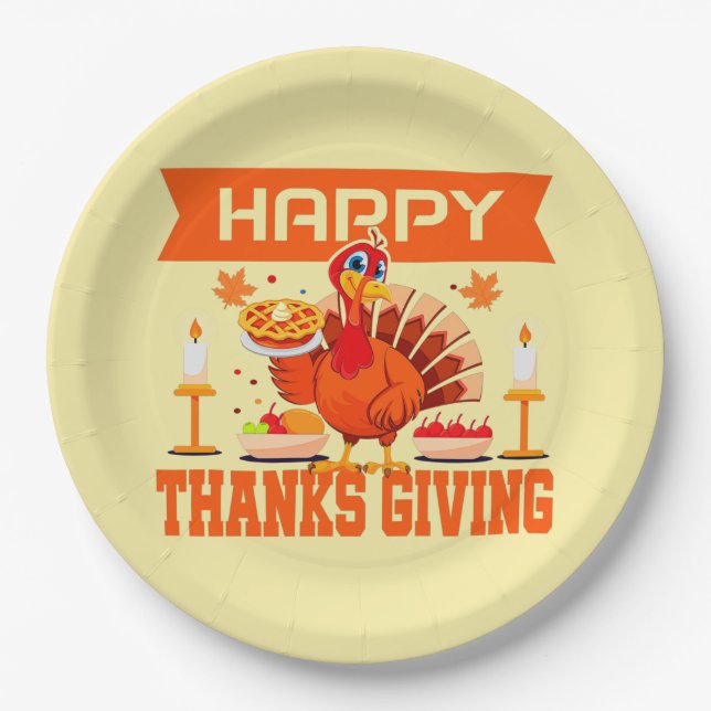 Happy Thanksgiving Turkey with Pie Large 9" Paper Plates (Front)