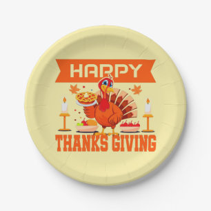 Happy Thanksgiving Turkey with Pie Small 9" Paper Plates