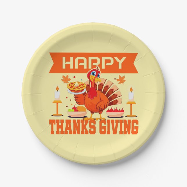 Happy Thanksgiving Turkey with Pie Small 9" Paper Plates (Front)