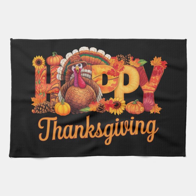 Happy Thanksgiving Turkeys Fall Kitchen Towel (Horizontal)