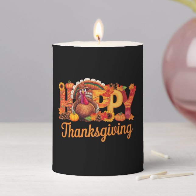 Happy Thanksgiving Turkeys Fall Pillar Candle (In Situ)