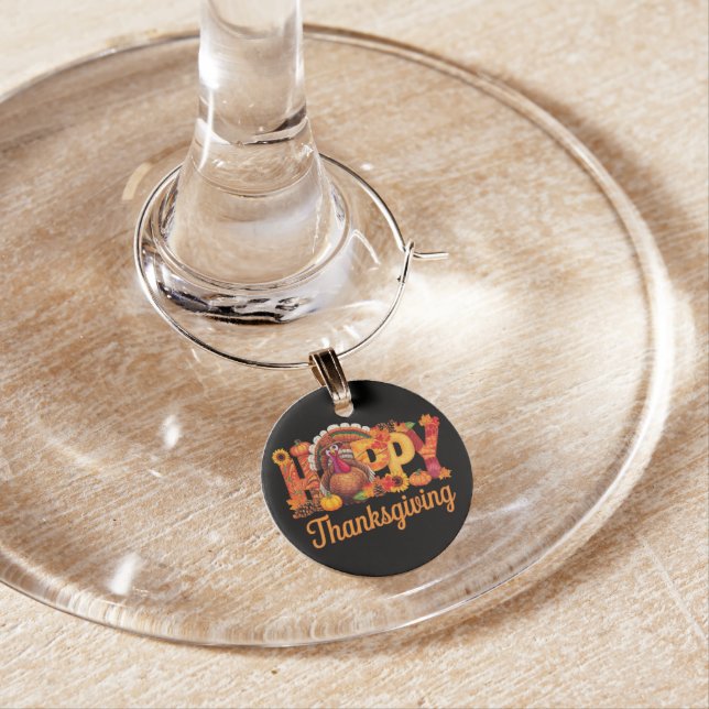 Happy Thanksgiving Turkeys Fall Wine Charm (In Situ)