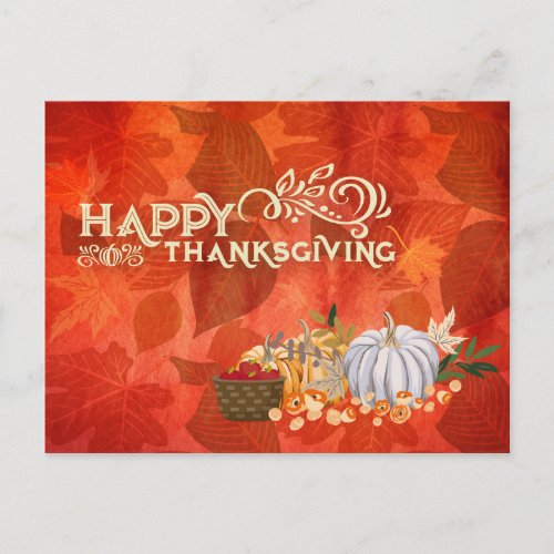 Happy Thanksgiving Typography Autumn Leaf Pumpkins Postcard