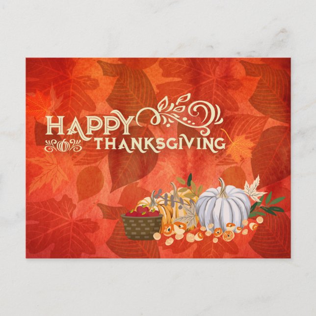 Happy Thanksgiving Typography Autumn Leaf Pumpkins Postcard (Front)