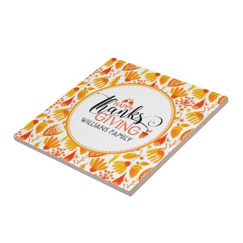 Happy Thanksgiving Typography Design  Fall Leafs Ceramic Tile