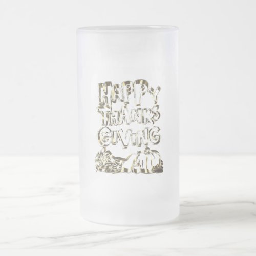 Happy Thanksgiving Typography Gold Harvest Pumpkin Frosted Glass Beer Mug