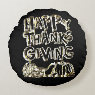 Happy Thanksgiving Typography Gold Harvest Pumpkin Round Pillow