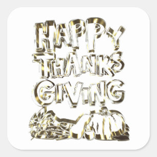 Happy Thanksgiving Typography Gold Harvest Pumpkin Square Sticker