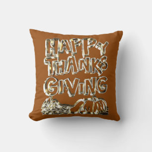 Happy Thanksgiving Typography Gold Harvest Pumpkin Throw Pillow