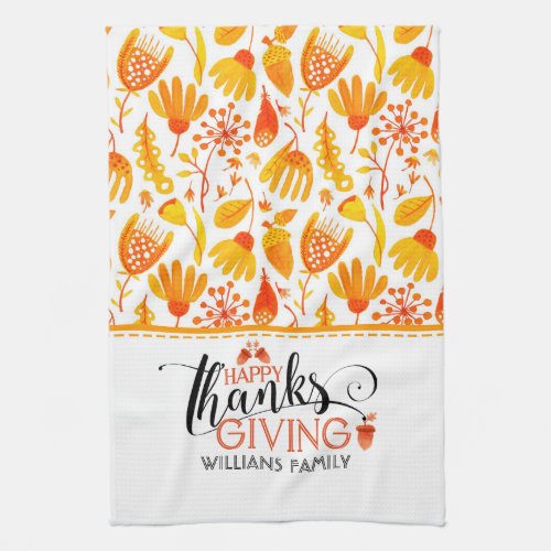 Happy Thanksgiving Typography  Gold Leafs Pattern Towel