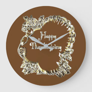 Happy Thanksgiving Typography Golden Turkey Large Clock