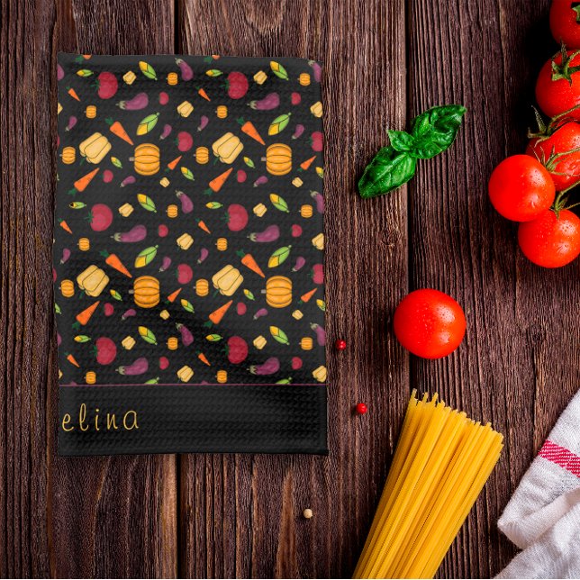 Happy thanksgiving  vegetables pattern black kitchen towel (Creator Uploaded)