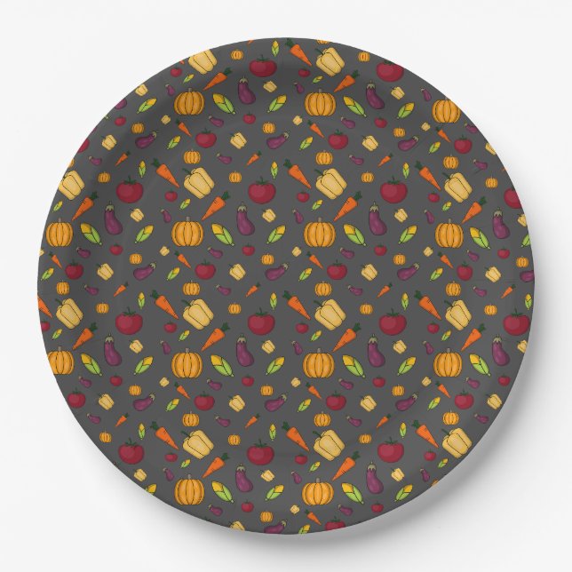 Happy thanksgiving  vegetables pattern grey paper plates (Front)