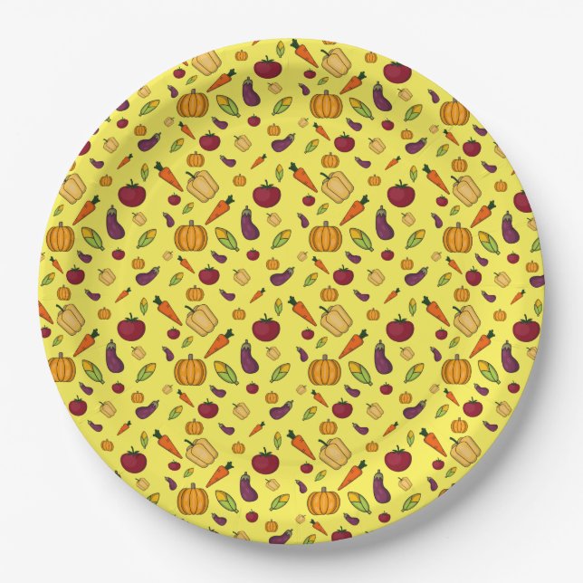 Happy thanksgiving  vegetables pattern yellow paper plates (Front)