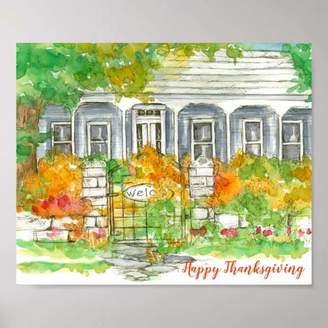 Happy Thanksgiving Victorian House Autumn Poster (Front)