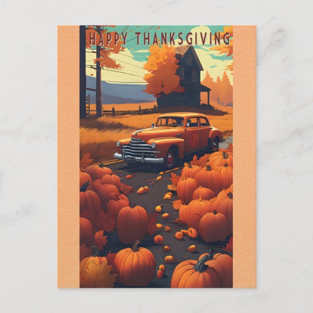 Happy Thanksgiving Vintage Car Orange Pumpkin Postcard (Front)