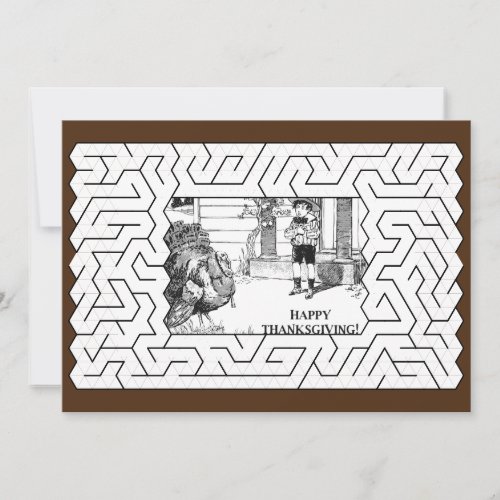 Happy Thanksgiving Vintage Drawing and Maze Brown Holiday Card