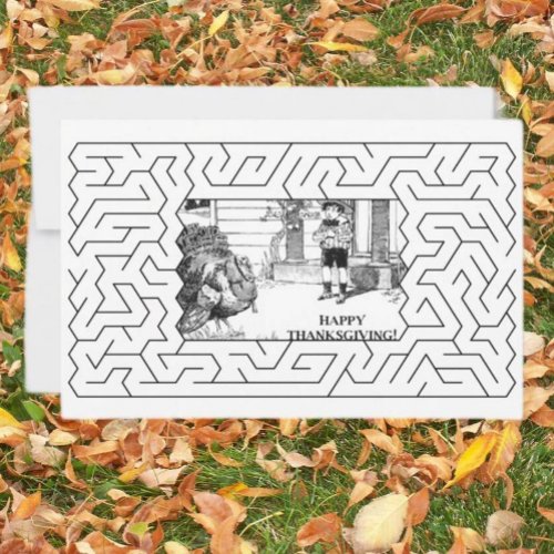 Happy Thanksgiving Vintage Drawing and Maze White Holiday Card