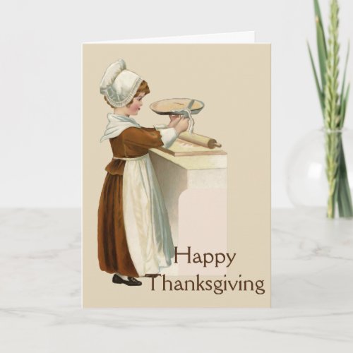 Happy Thanksgiving Vintage Image of Girl Baking Holiday Card