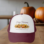 Happy Thanksgiving Vintage Pumpkins Custom Family Trucker Hat<br><div class="desc">This old fashioned holiday family reunion hat features a vintage drawing of orange pumpkins,  fall leaves,  and cute autumn sunflowers. Nostalgic Happy Thanksgiving hats with brown script of your family or business name or other personalized text.</div>