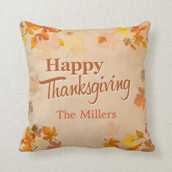 Happy Thanksgiving Vintage Rustic Autumn Leaves Throw Pillow by UrHomeNeeds at Zazzle