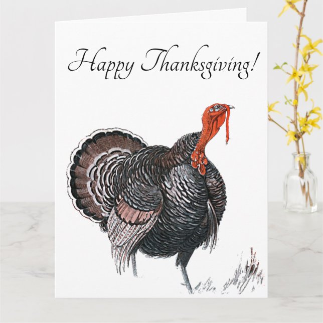 Happy Thanksgiving Vintage Turkey Drawing Card (Yellow Flower)