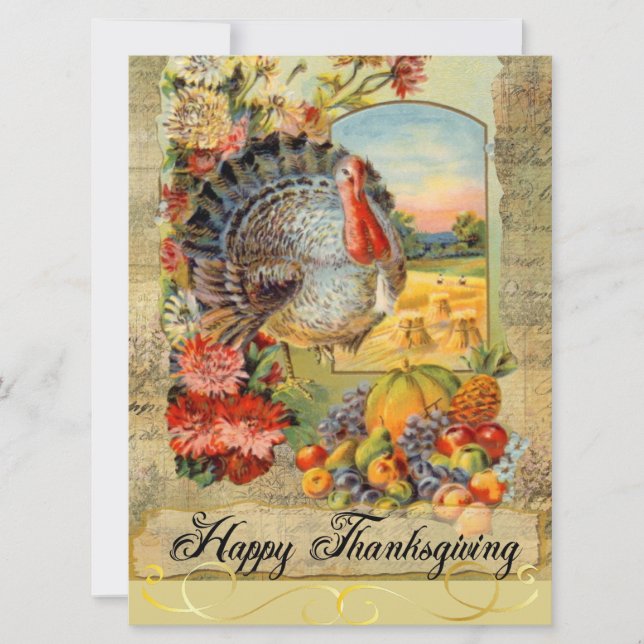Happy Thanksgiving Vintage Turkey, Fruit, Flowers Card (Front)