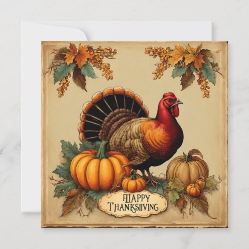 Happy Thanksgiving Vintage Turkey Pumpkins  Holiday Card