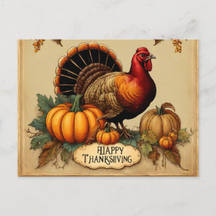Happy Thanksgiving Vintage Turkey, Pumpkins  Holiday Postcard