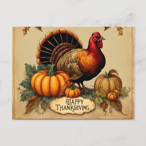 Happy Thanksgiving Vintage Turkey Pumpkins  Holiday Postcard