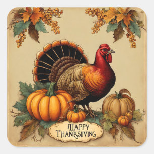 Happy Thanksgiving Vintage Turkey, Pumpkins  Square Sticker