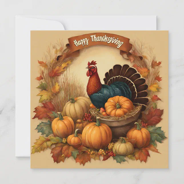 Happy Thanksgiving Vintage Turkey with Pumpkins Card | Zazzle
