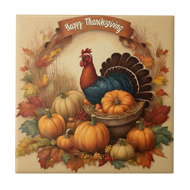Happy Thanksgiving Vintage Turkey with Pumpkins  Ceramic Tile (Front)