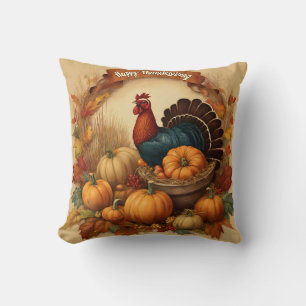 Happy Thanksgiving Vintage Turkey with Pumpkins  Throw Pillow