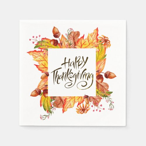 Happy Thanksgiving Watercolor Autumn Leaves Napkins