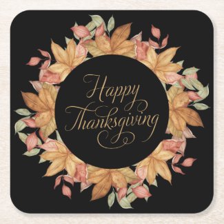 Happy Thanksgiving Watercolor Autumn Leaves  Squar