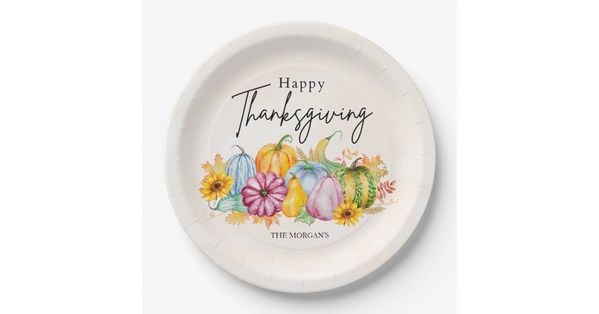 Happy Thanksgiving Watercolor Autumn Pumpkin Paper Plates | Zazzle