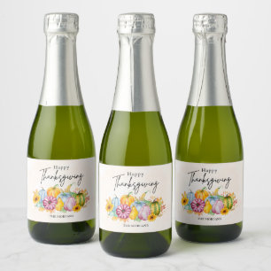 Happy Thanksgiving Watercolor Autumn Pumpkin Sparkling Wine Label