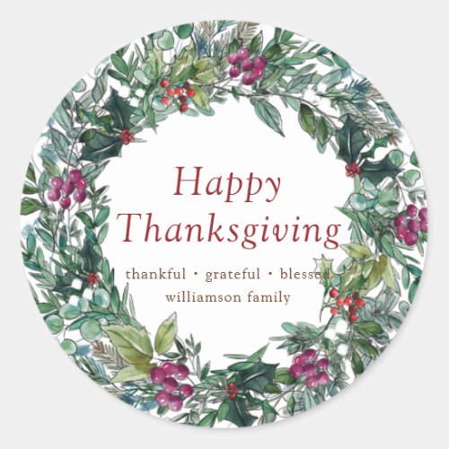 Happy Thanksgiving Watercolor Autumn Wreath Classic Round Sticker
