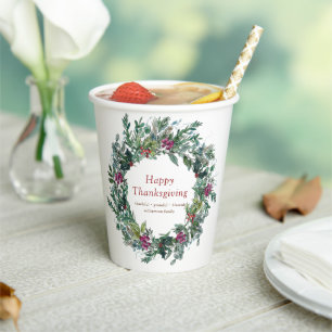 Happy Thanksgiving Watercolor Autumn Wreath Paper Cups