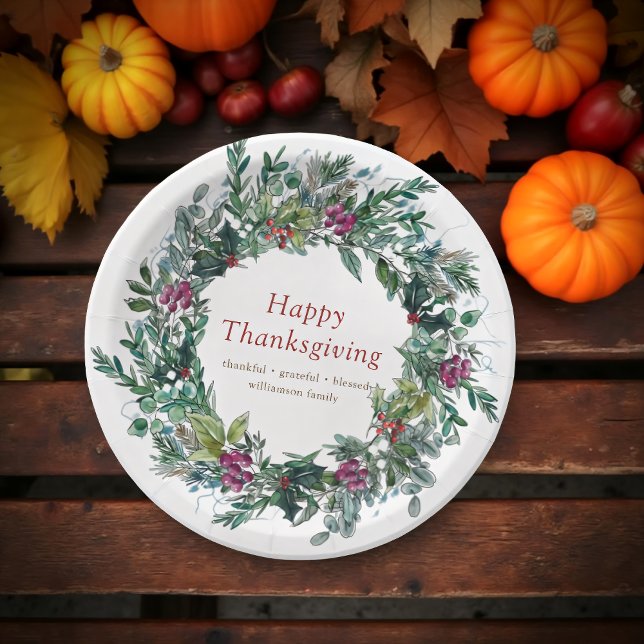 Happy Thanksgiving Watercolor Autumn Wreath Paper Plates (Creator Uploaded)