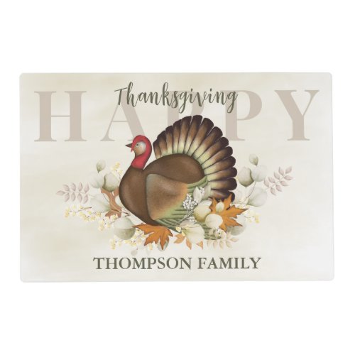 Happy Thanksgiving Watercolor Botanical Turkey  Placemat