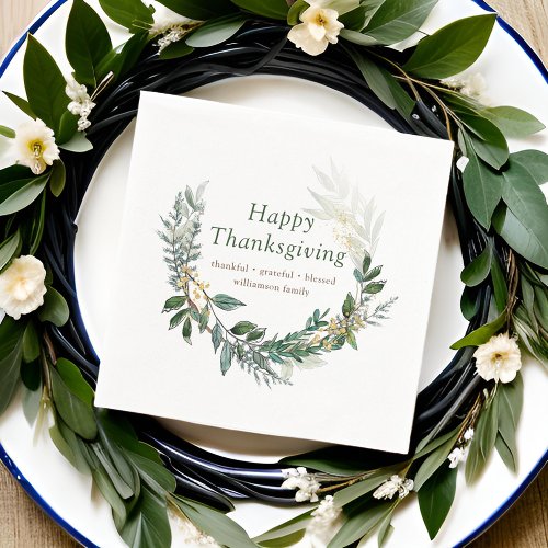 Happy Thanksgiving Watercolor Fall Foliage Wreath Napkins