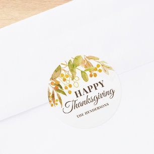 Happy Thanksgiving Watercolor Fall Leaves Classic Round Sticker