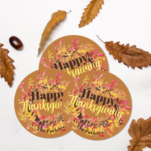 Happy Thanksgiving Watercolor Fall Leaves Wreath Classic Round Sticker