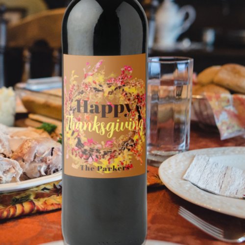 Happy Thanksgiving Watercolor Fall Leaves Wreath Wine Label