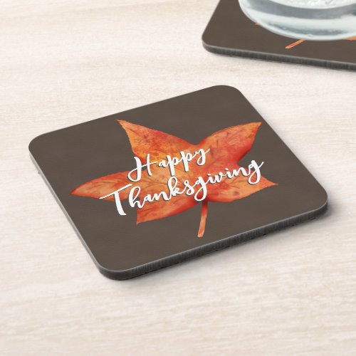 Happy Thanksgiving Watercolor Fall Maple Leaf Beverage Coaster