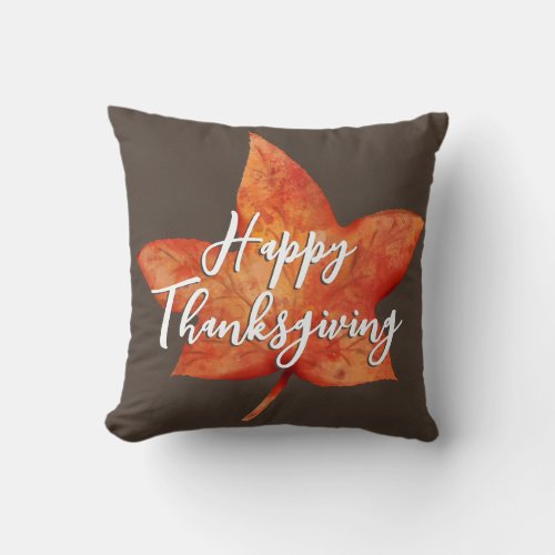 Happy Thanksgiving Watercolor Fall Maple Leaf Throw Pillow