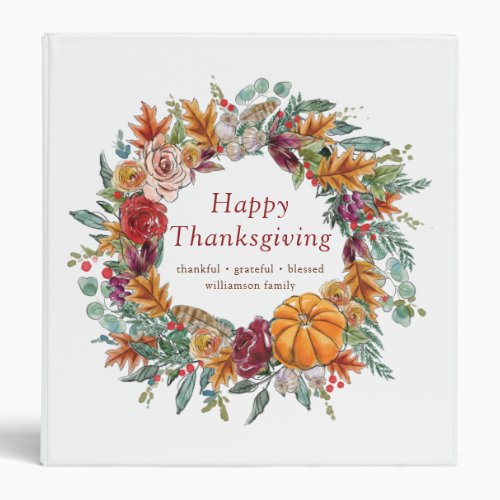 Happy Thanksgiving Watercolor Fall Pumpkin Wreath 3 Ring Binder